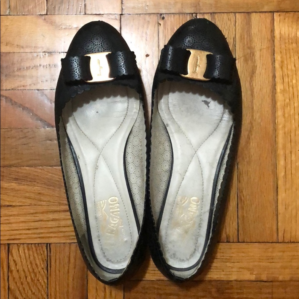 salvatore ferragamo black flats with bow